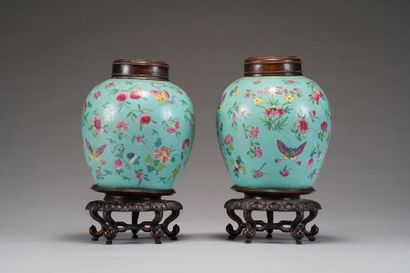 CHINE Paire de pots à gingembre en porcelaine à décor polychrome sur fond bleu turquoise...