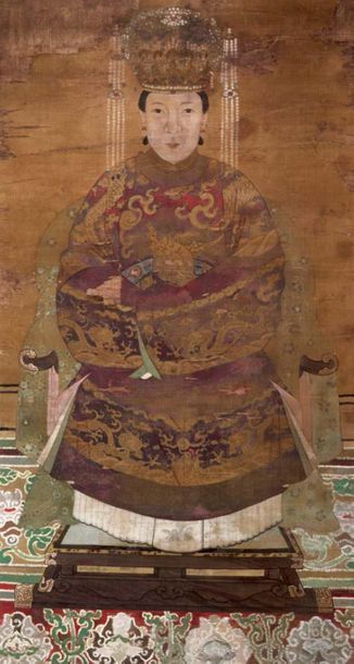 CHINE Ancestor portrait
Silk painting.
Qing period (1644-1911). 
 (Small tears and...