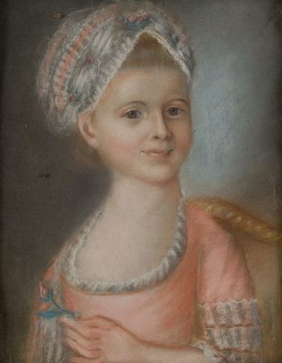 École FRANÇAISE du XVIIIe siècle 
Portrait de jeune femme à la rose
Pastel sur papier.
(Petites...