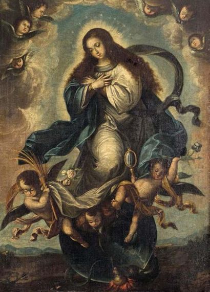 Ecole ESPAGNOLE vers 1680 
The virgin of the immaculate design
Oil on canvas.
(Small...