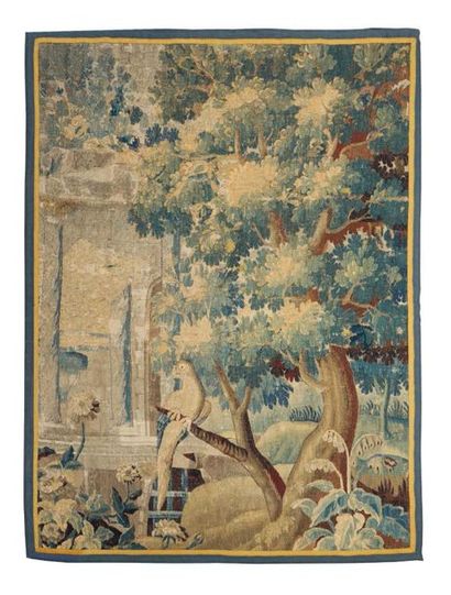 AUBUSSON 
Verdure au perroquet
Tapisserie en laine et soie.
XVIIIe siècle.
(Galon...