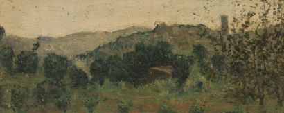 Henri-Joseph HARPIGNIES (1819-1916) 
Paysage
Huile sur panneau signée en bas à gauche.
12,8...