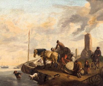 École HOLLANDAISE du XIXe siècle 
Towing scene
Oil on canvas, bears the monogram...