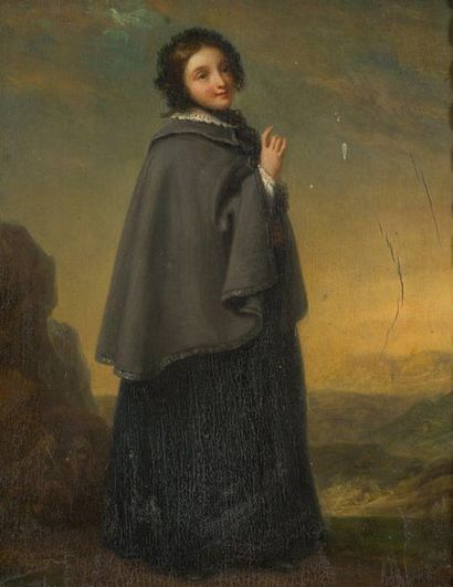 Ecole française vers 1850 
Young woman in grey cape.
Oil on panel.
27 x 20 cm.