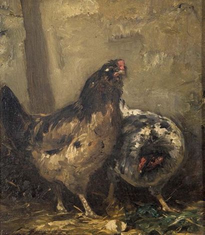 Charles JACQUES (1879-1959) 
Deux poules
Huile sur panneau signée en bas à gauche.
23,6...