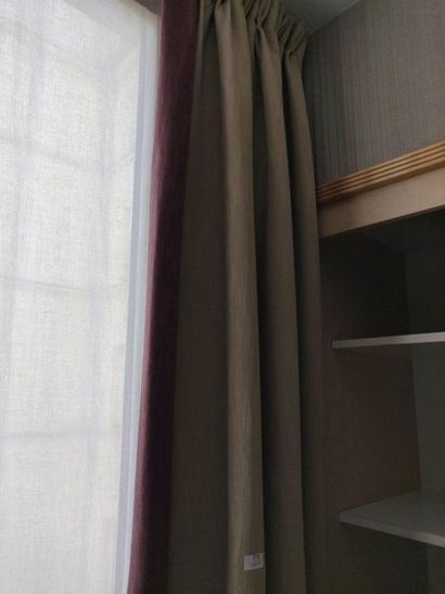 null A set of 3 pairs of beige curtains with plum Novabresse border with pleats:
3...