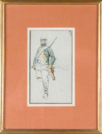 null Ernest MEISSONIER (1815 - 1891)
Etude de chasseur à cheval
Encre et aquarelle...