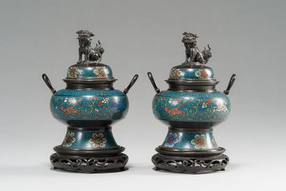 null JAPON : 

Paire de vases couverts en bronze et émaux cloisonnées, à décor d'animaux...