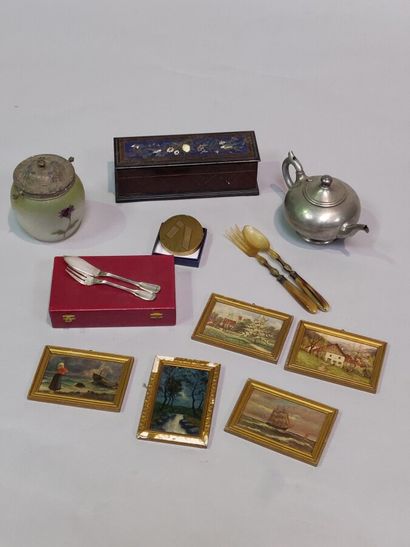 null Lot including a glove box, a biscuit bucket, a pewter teapot, a glass diabolo...