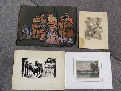null Lot comprising three engravings and one gouache on tinted paper representing...