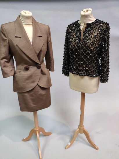 null CHRISTIAN DIOR Boutique: Taupe skirt suit, crossover jacket closing with two...