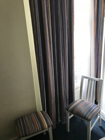 null Pair of blue, yellow and brown striped canvas curtains 

H. 280 cm.

Ch. 405

A...