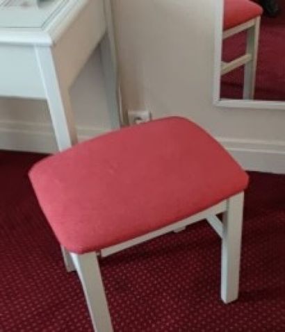 null Pair of cream lacquered chairs, red seat in coated canvas. 

Two stools of the...