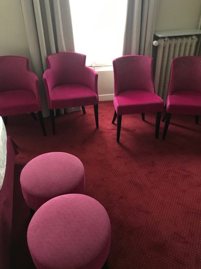 Pair of gondola armchairs, raspberry velvet,...