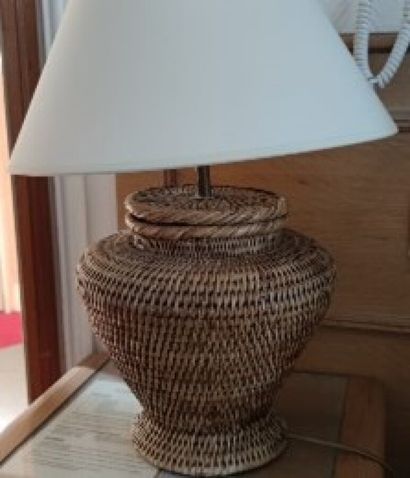 null Two pairs of wicker "ball" lamps. 

Ch. 601, 604

A small patinated metal lamp...