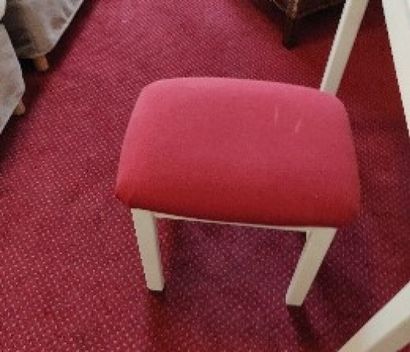 null Two cream lacquered chairs, red seat in coated canvas. 

Two stools of the same...