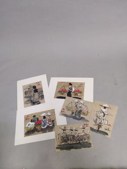 null VIETNAM:

Ensemble de six aquarelles et encres sur papier représentant des scènes...