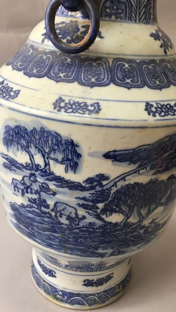 null Vase en porcelaine de Chine à décor en camaieu bleu de paysages.

Marque au...