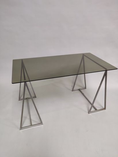 null Desk set including a desk table, the rectangular top in smoked glass resting...