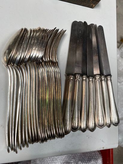 null A set of silver plated cutlery, kettledrums, serving utensils, tea strainers.

A...