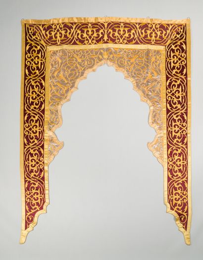 null Embroidered silk door with yellow-gold decoration on a carmine background with...