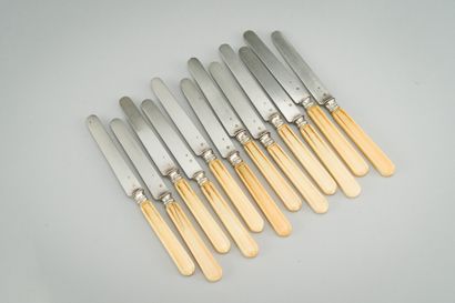 null 148. Suite of twelve fruit knives, the handles in moulded ivory

the blades...