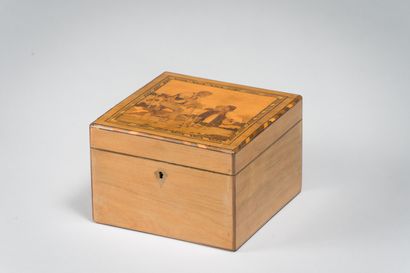 null 221. Square box with finely inlaid decoration of a scene

illustrating a grinder...