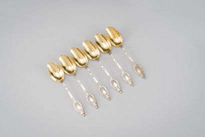 null Set of six silver and gilt silver teaspoons (950/1000th), decorated with acanthus...