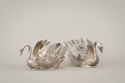 Pair of small silver swan-shaped cups with...