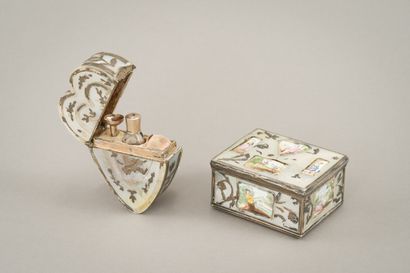null Silver and mother-of-pearl set including a small heart-shaped perfume box containing...