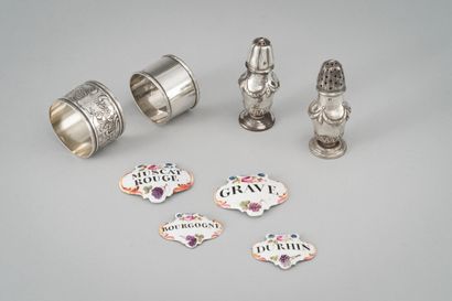 null Lot including : 

- two silver napkin rings (950/1000th), one engraved "Philippe",...