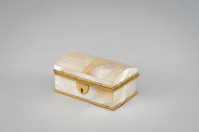 null Rectangular box with domed mother-of-pearl lid, the guilloche and gilt metal...
