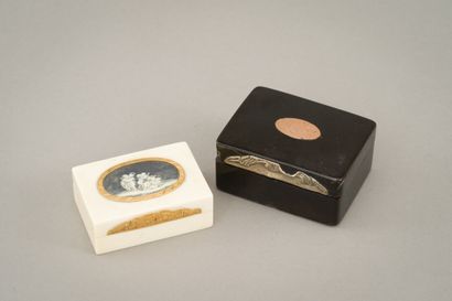 null Lot comprising two fly boxes, one in ivory, the gold mount and the lid set with...