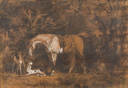 null Attribué à James WALKER (Calcutta 1831- Paris 1898)

Cheval et chiens d'équipage

Fusain,...