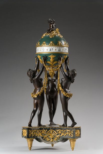 null 67. Clock with the Three Graces in bronze with brown patina, gilt bronze and...