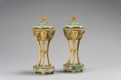 null 77. Pair of tripod incense-burners in green quartz and gilt bronze, in the form...