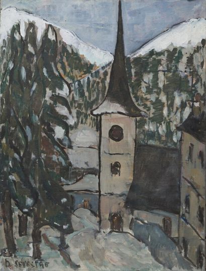  B. SEVESTRE (XXe) 
Eglise de montagne 
Huile sur toile signée en bas à gauche. 
61...