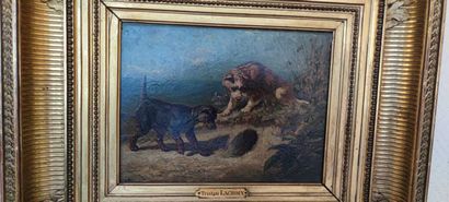 null 42. Tristan LACROIX (1849-1914)

Deux chiens à l'affût devant un terrier

Huile...