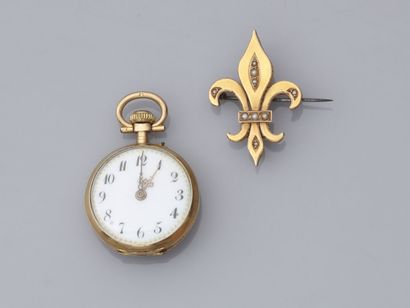 null 26. Small neck watch in gold 750/1000 with flowers decoration

(Dents) and brooch...