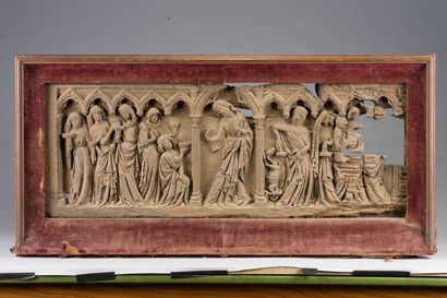 null 203. Important wooden panel carved in high relief representing, under arcatures

the...