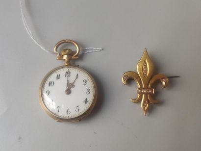 null 26. Small neck watch in gold 750/1000 with flowers decoration

(Dents) and brooch...