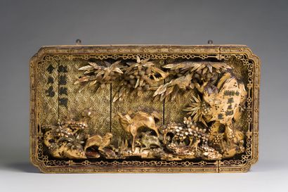null SOUTH CHINA

Pair of gold lacquered wood panels, decorated in relief with deer...