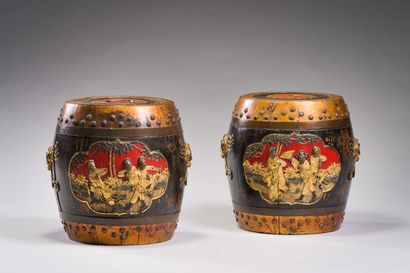 null CHINA

Pair of gold, red and black lacquered wooden stool-chests, in the shape...