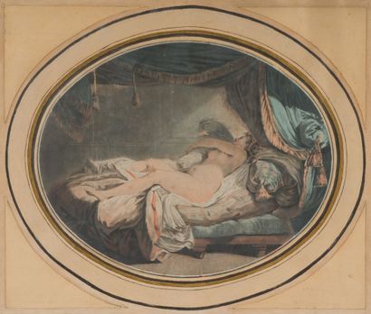 null Paire de gravures ovales encadrées d'après le XVIIIe siècle, « Femmes allongées »....