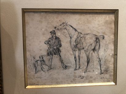null 18. D'après VERNET, XIXe
 siècle
 Cavalier, cheval et chien de chasse
 Dessin...