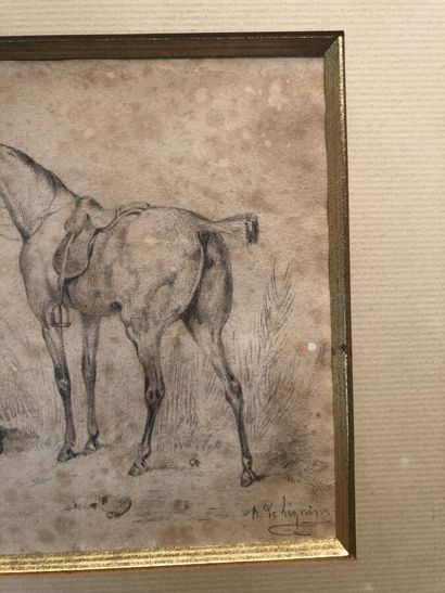 null 18. D'après VERNET, XIXe
 siècle
 Cavalier, cheval et chien de chasse
 Dessin...