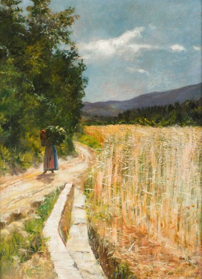 null 19. Adolfo TOMMASI (1851-1933)
 Woman on a Path Carrying a Bale of Hay on her...