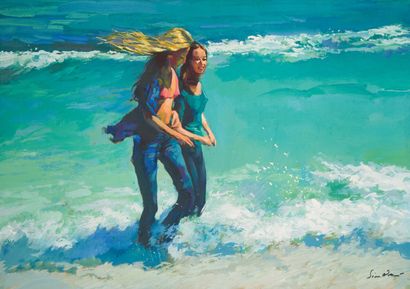 null 29. MODERN school
Women walking on a beach
Oil on canvas bearing a signature...