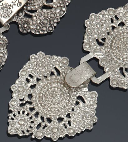 18. Suite of 3 silver hood buckles with stamped...
