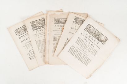 null [PARIS]. 
Réunion de 9 Arrêts, Ordonnances, Lettres Patentes 1754-1785. In-4,...